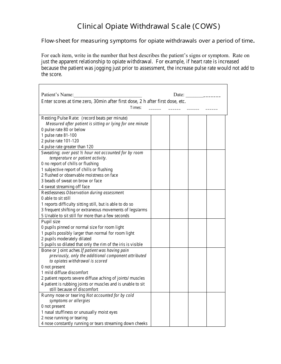 Clinical Opiate Withdrawal Scale (Cows) Flow-Sheet Document Preview Image