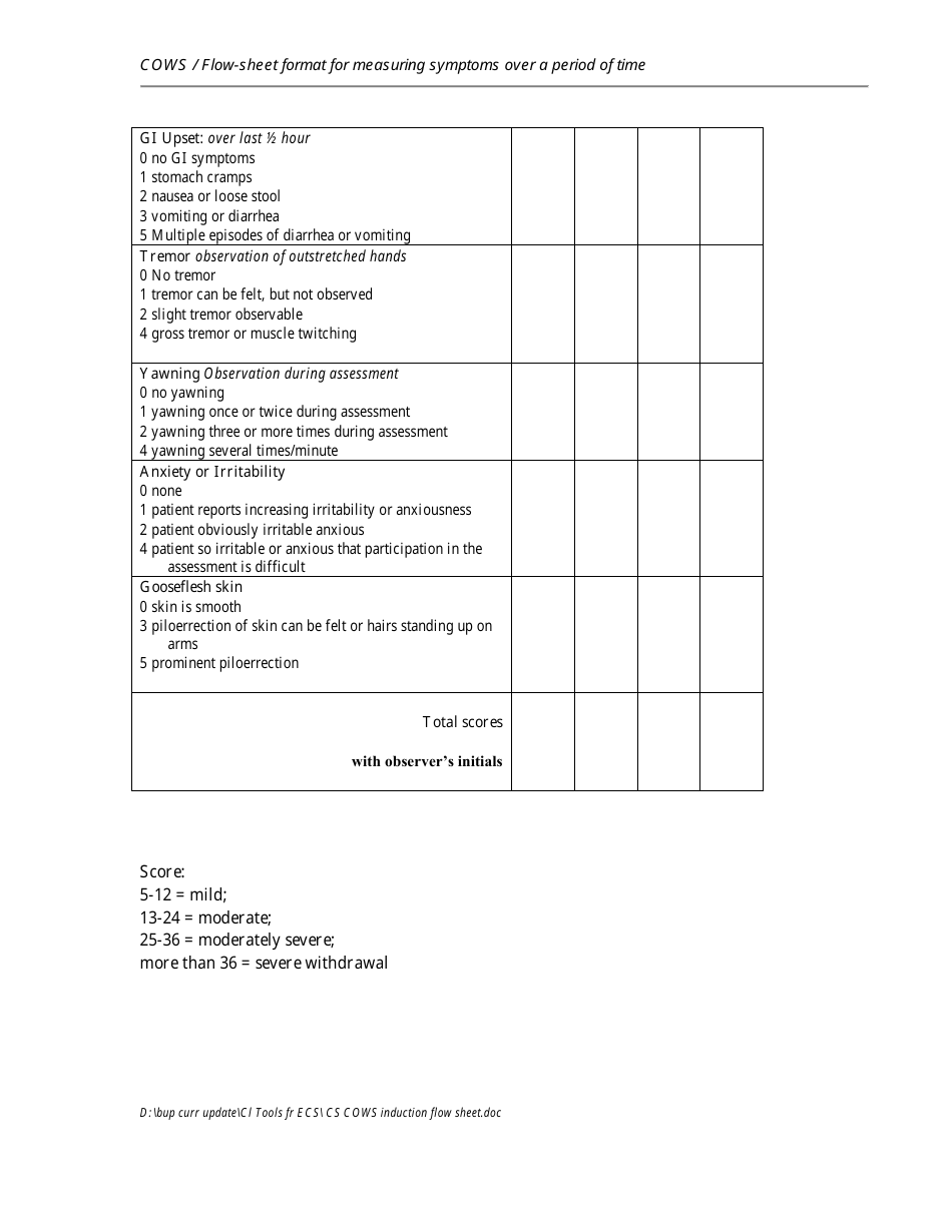 Clinical Opiate Withdrawal Scale (Cows) Flow-Sheet Download Printable ...