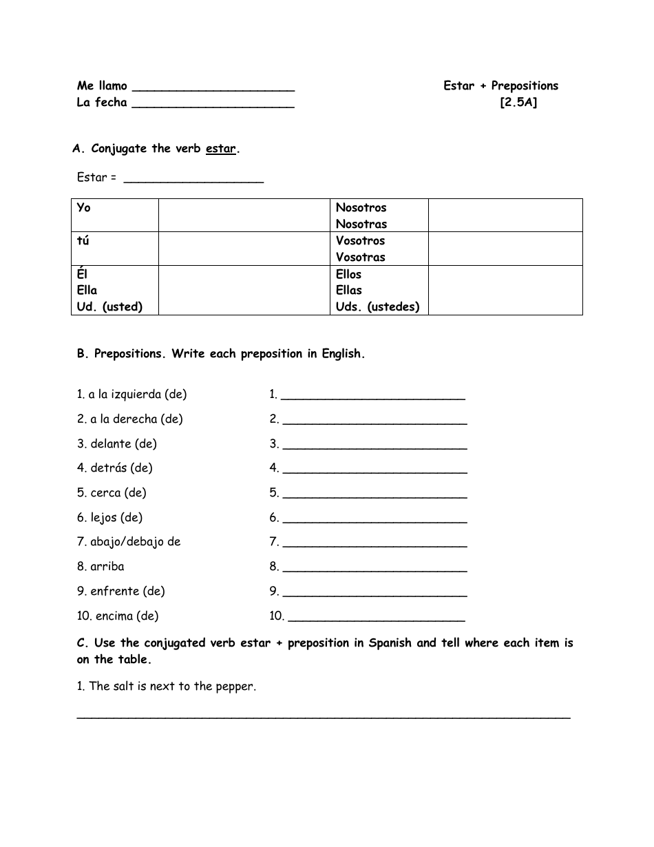 Spanish Language Worksheet with Verb Estar and Prepositions