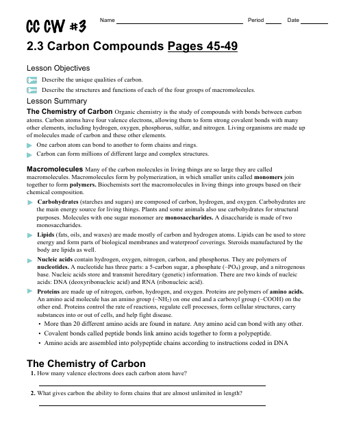 Carbon Compounds Worksheet - Chapter 2.3,the Chemistry of Life