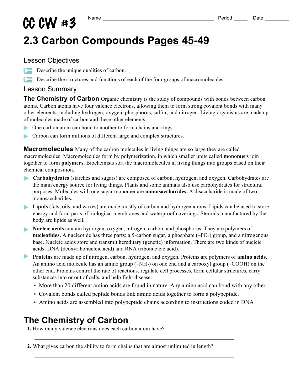 Carbon Compounds Worksheet - Chapter 223.23,the Chemistry of Life Throughout The Chemistry Of Life Worksheet