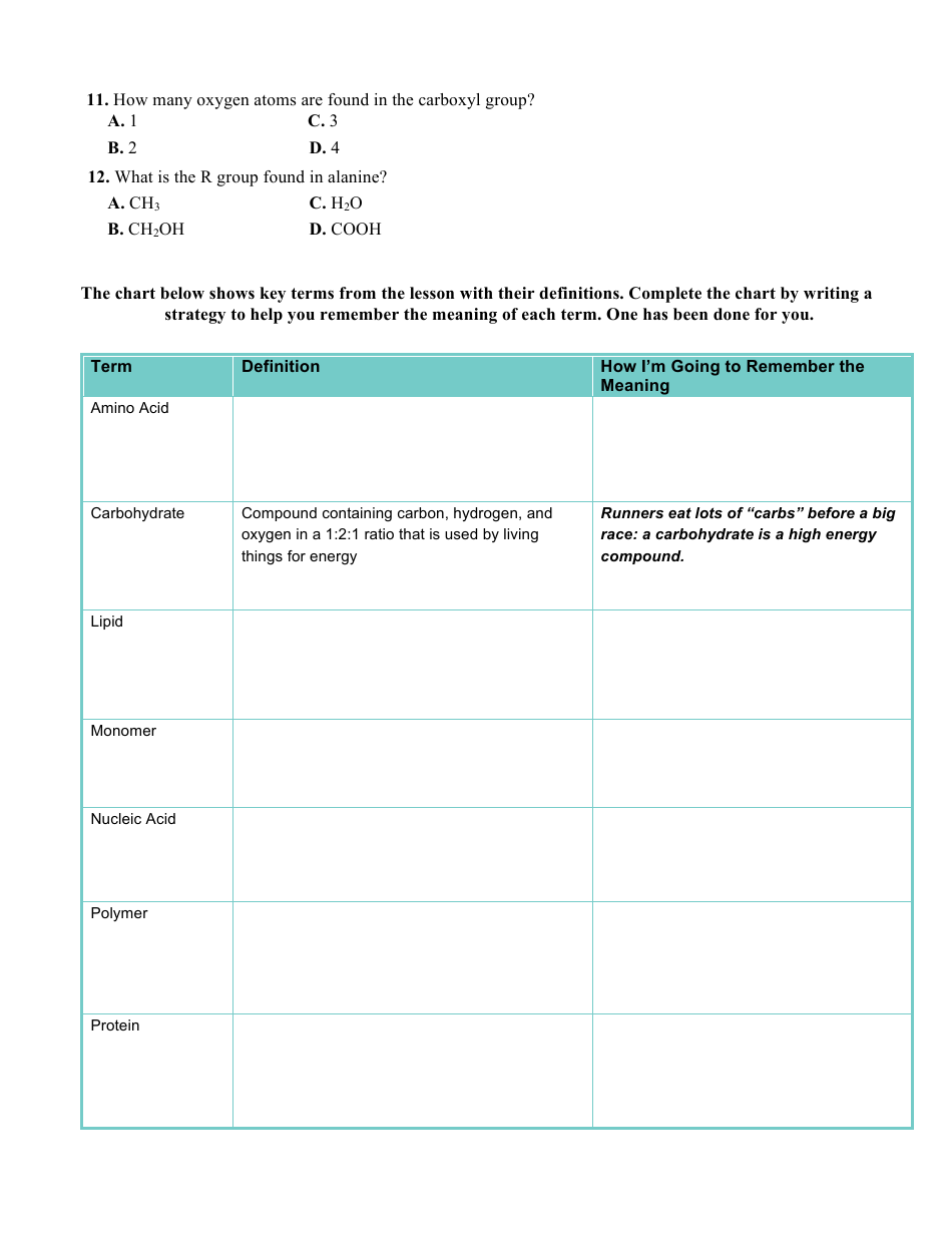 Carbon Compounds Worksheet - Chapter 2.3,the Chemistry of Life, Page 3