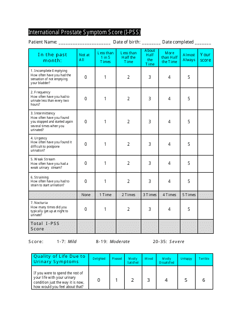 International Prostate Symptom Score (I-Pss) Sheet