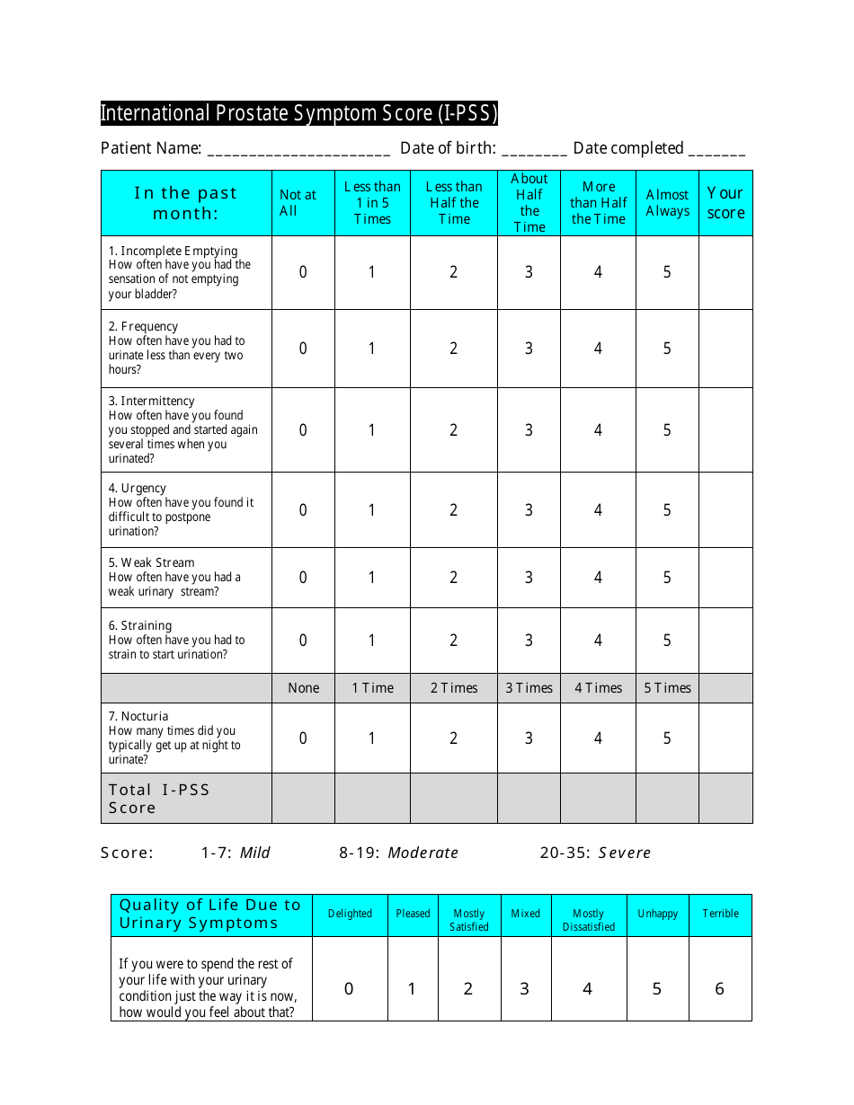 International Prostate Symptom Score (I-PSS) Sheet - Printable Template Preview