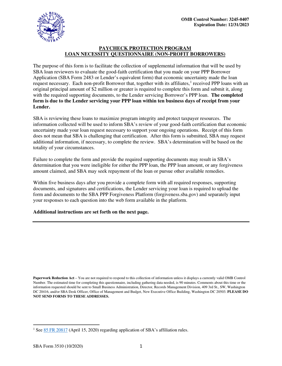 SBA Form 3510 Paycheck Protection Program Loan Necessity Questionnaire (Non-profit Borrowers), Page 1
