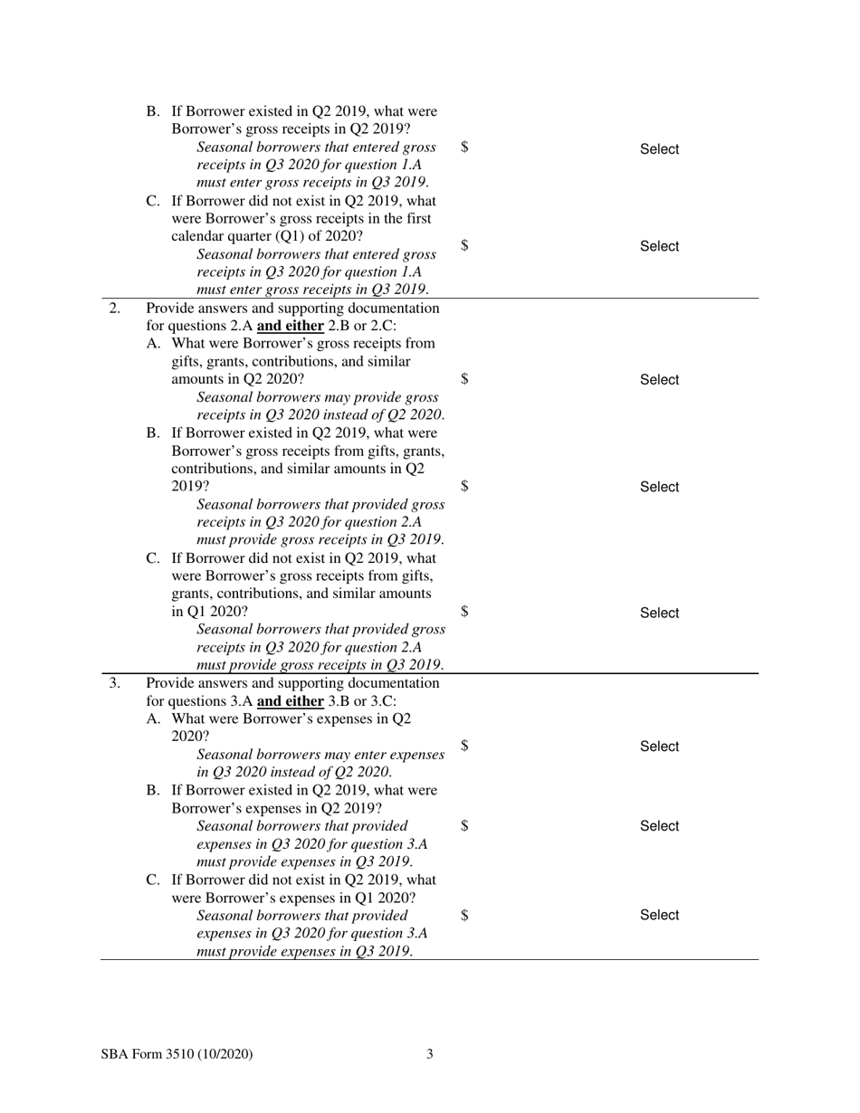 SBA Form 3510 Paycheck Protection Program Loan Necessity Questionnaire (Non-profit Borrowers), Page 3