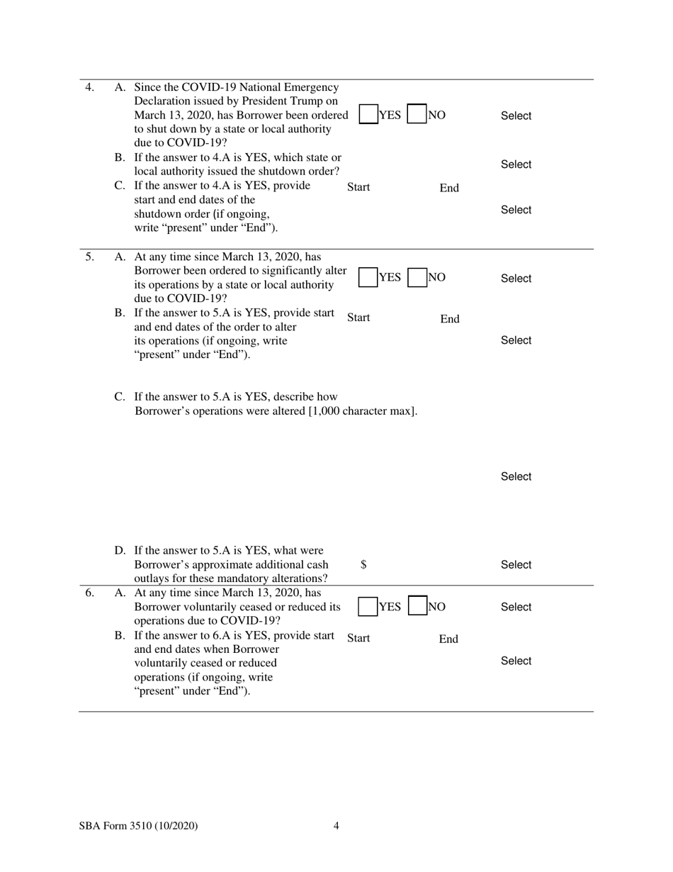 SBA Form 3510 Paycheck Protection Program Loan Necessity Questionnaire (Non-profit Borrowers), Page 4