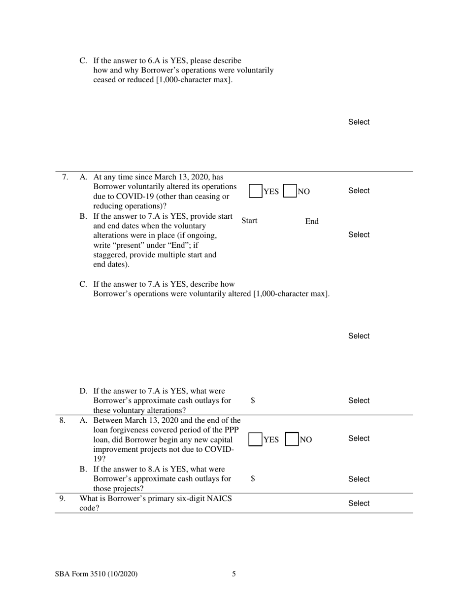 SBA Form 3510 Paycheck Protection Program Loan Necessity Questionnaire (Non-profit Borrowers), Page 5