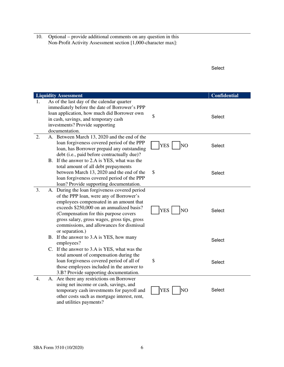 SBA Form 3510 Paycheck Protection Program Loan Necessity Questionnaire (Non-profit Borrowers), Page 6