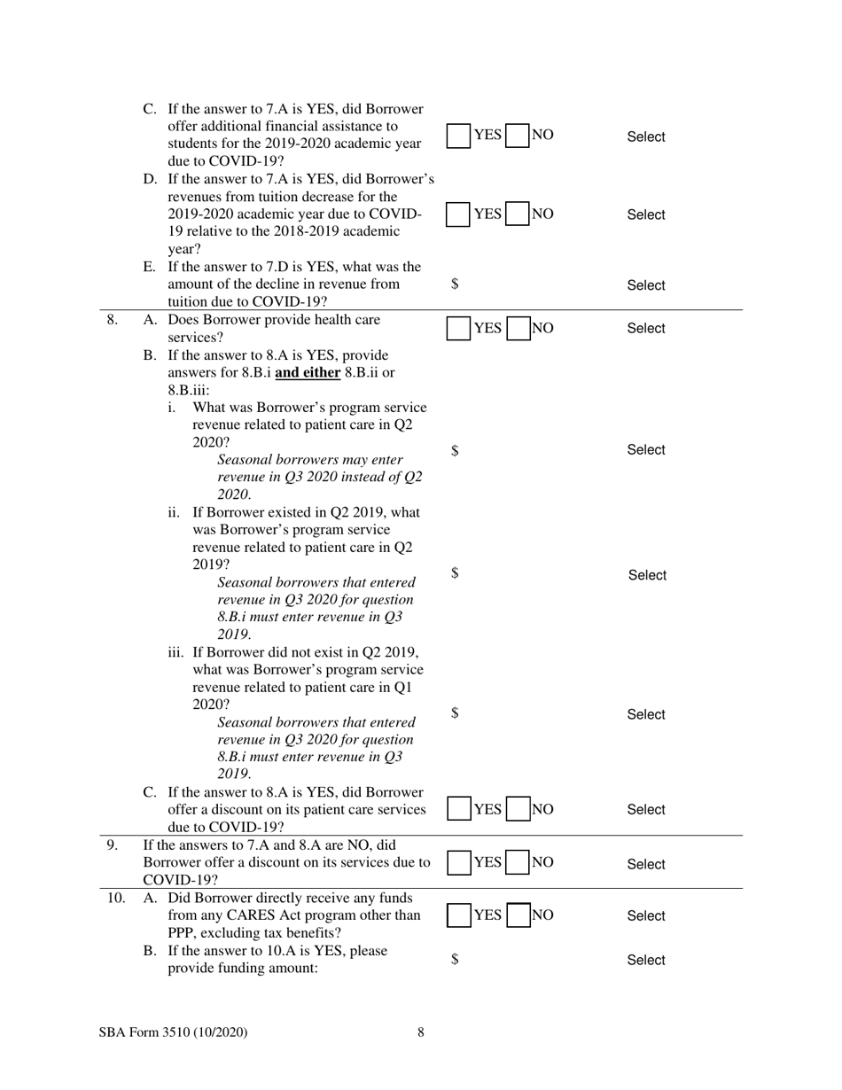 SBA Form 3510 Paycheck Protection Program Loan Necessity Questionnaire (Non-profit Borrowers), Page 8