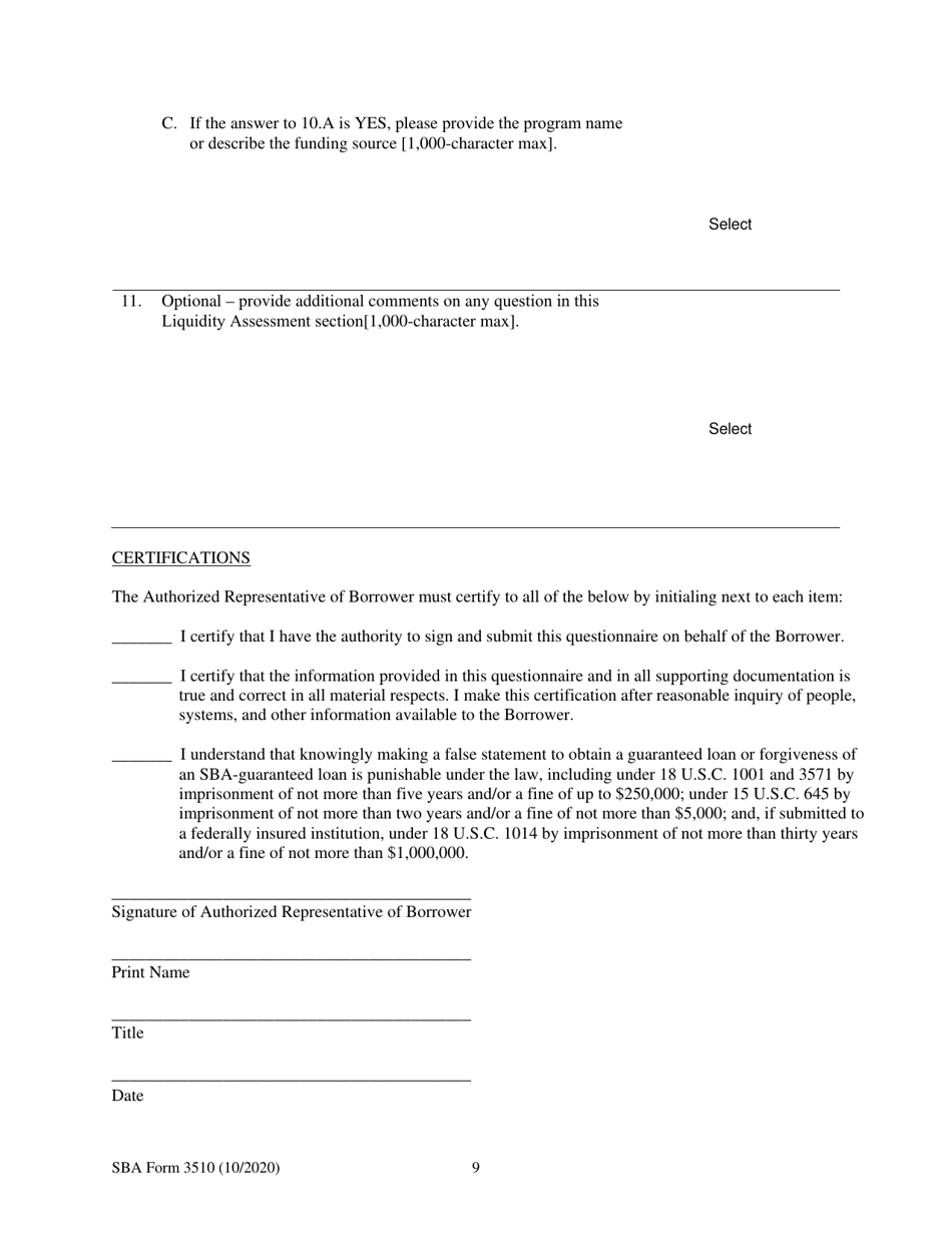 SBA Form 3510 Paycheck Protection Program Loan Necessity Questionnaire (Non-profit Borrowers), Page 9