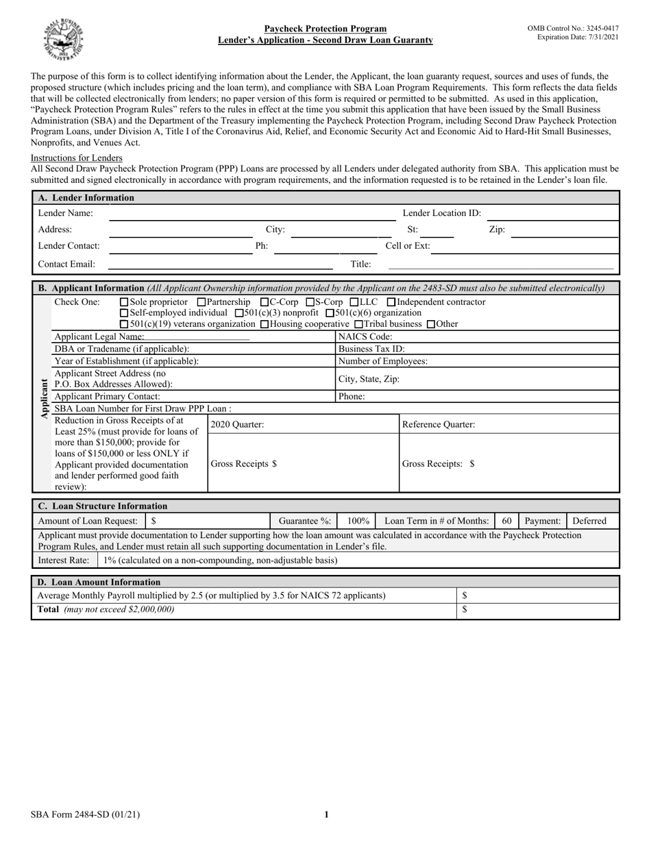 SBA Form 2484-SD Paycheck Protection Program Lenders Application - Second Draw Loan Guaranty, Page 1