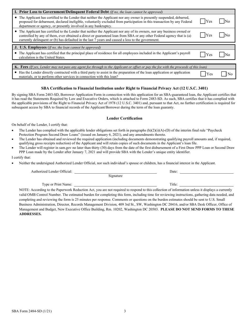 SBA Form 2484-SD Paycheck Protection Program Lenders Application - Second Draw Loan Guaranty, Page 3