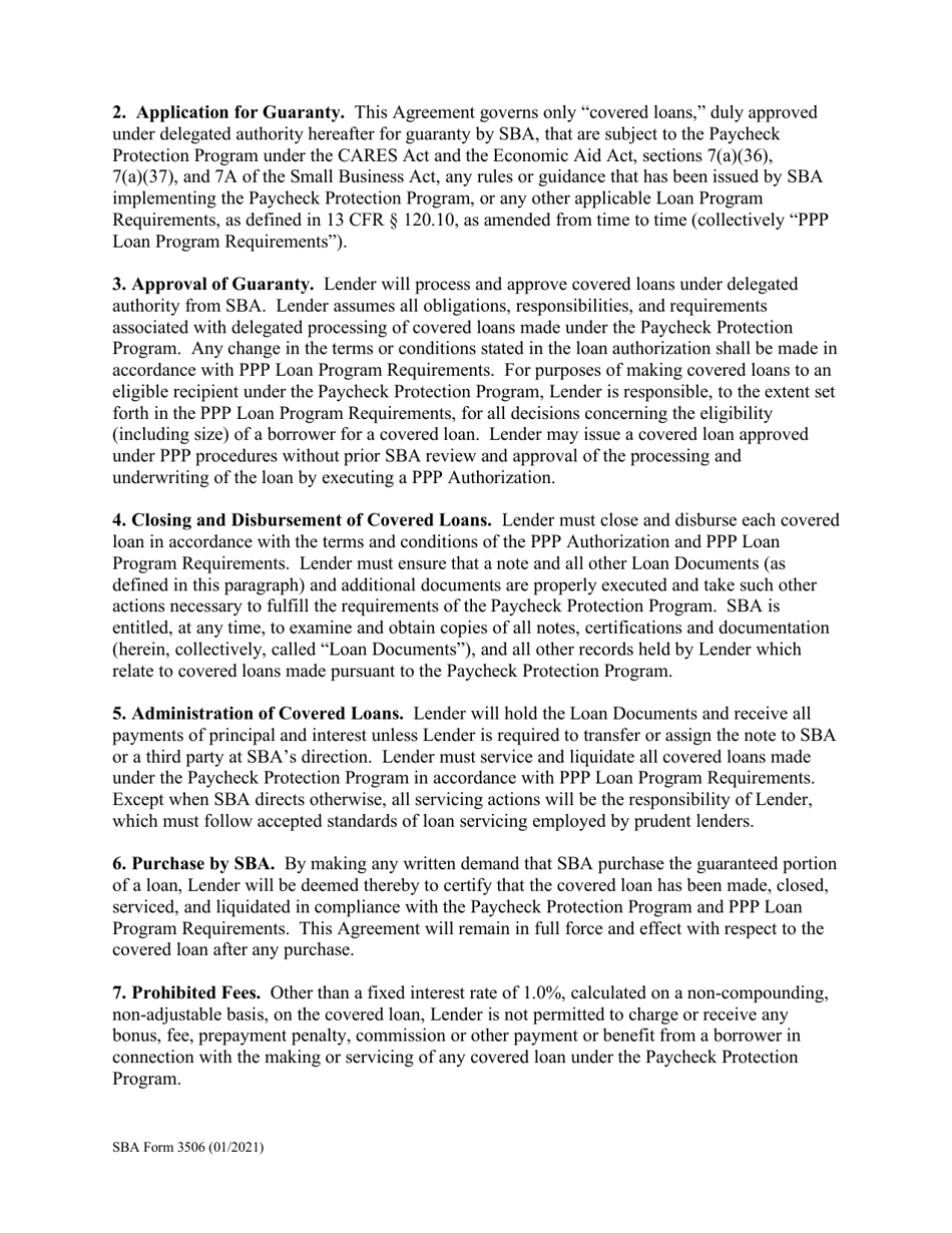 SBA Form 3506 CARES Act Section 1102 Lender Agreement, Page 2