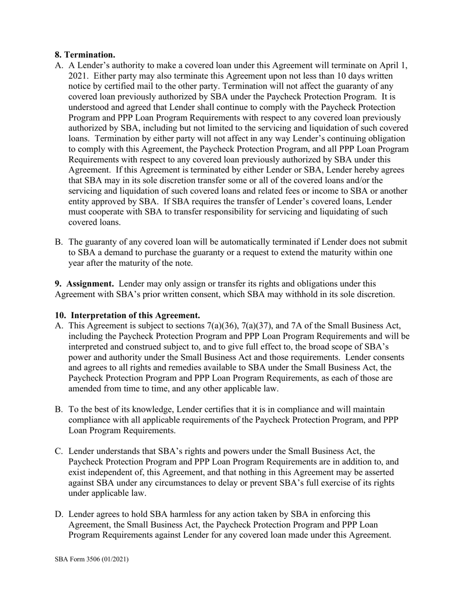SBA Form 3506 CARES Act Section 1102 Lender Agreement, Page 3