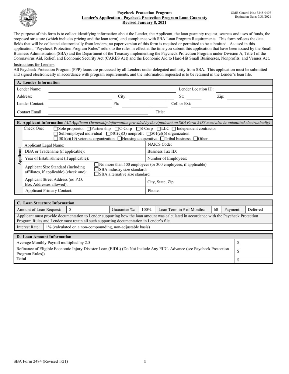 SBA Form 2484 Paycheck Protection Program Lenders Application - Paycheck Protection Program Loan Guaranty, Page 1