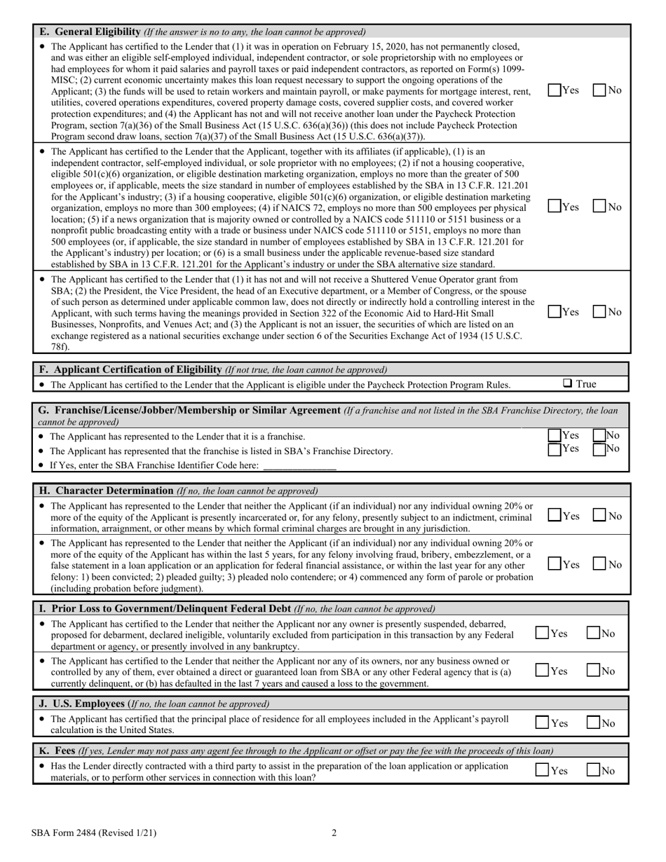 SBA Form 2484 Paycheck Protection Program Lenders Application - Paycheck Protection Program Loan Guaranty, Page 2