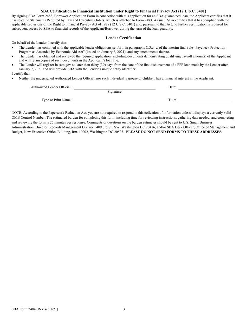 SBA Form 2484 Paycheck Protection Program Lenders Application - Paycheck Protection Program Loan Guaranty, Page 3