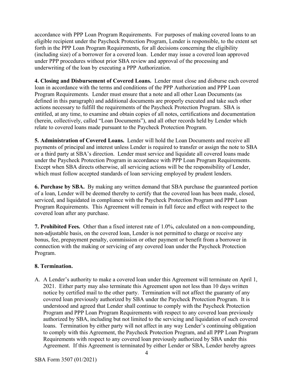 SBA Form 3507 CARES Act Section 1102 Lender Agreement - Non-bank and Non-insured Depository Institution Lenders, Page 4