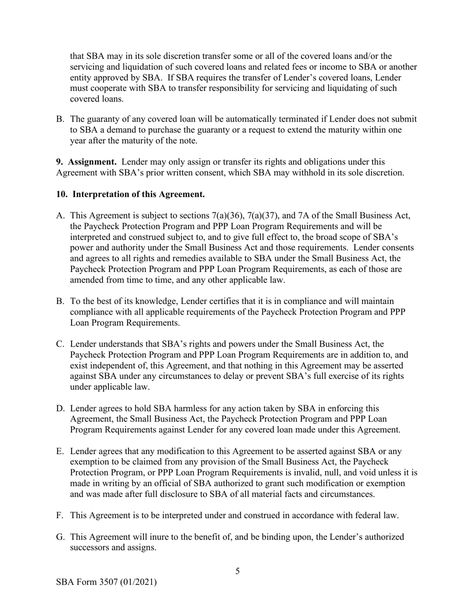 SBA Form 3507 CARES Act Section 1102 Lender Agreement - Non-bank and Non-insured Depository Institution Lenders, Page 5