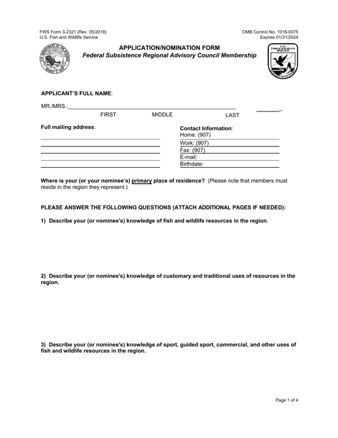 FWS Form 3-2321 Regional Council Membership Application/Nomination
