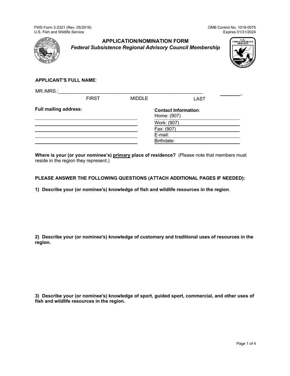 FWS Form 3-2321 Regional Council Membership Application / Nomination, Page 1