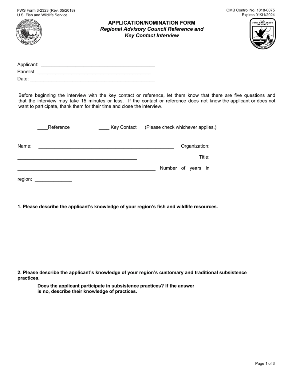 FWS Form 3-2323 Regional Council Reference / Key Contact Interview, Page 1