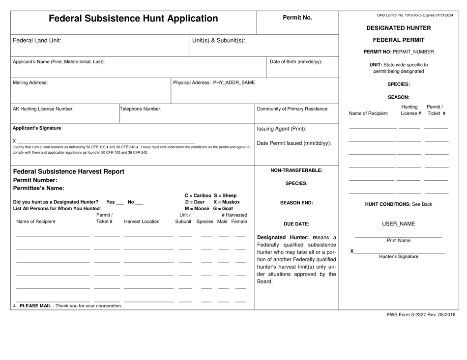 FWS Form 3-2327 Federal Subsistence Hunt Application, Page 1