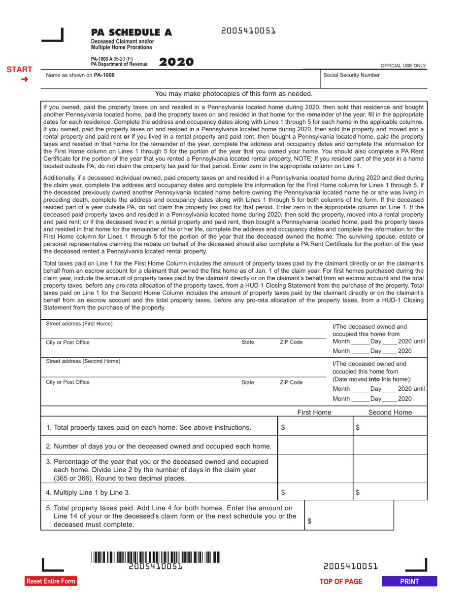 Form PA-1000 A Schedule A Deceased Claimant and / or Multiple Home Prorations - Pennsylvania, Page 1