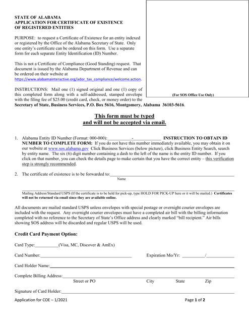 Application for Certificate of Existence of Registered Entities - Alabama Download Pdf