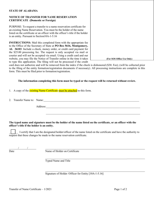 Notice of Transfer for Name Reservation Certificate (Domestic or Foreign) - Alabama Download Pdf