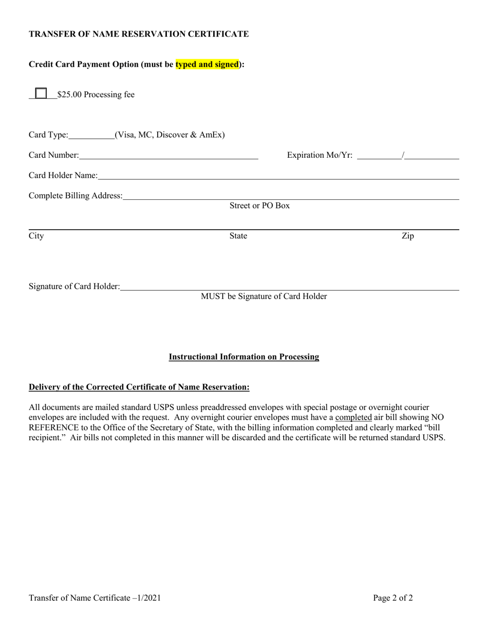 Notice of Transfer for Name Reservation Certificate (Domestic or Foreign) - Alabama, Page 2