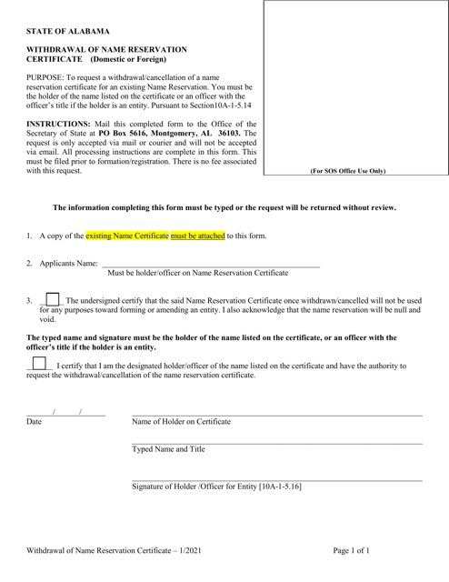 Withdrawal of Name Reservation Certificate (Domestic or Foreign) - Alabama Download Pdf