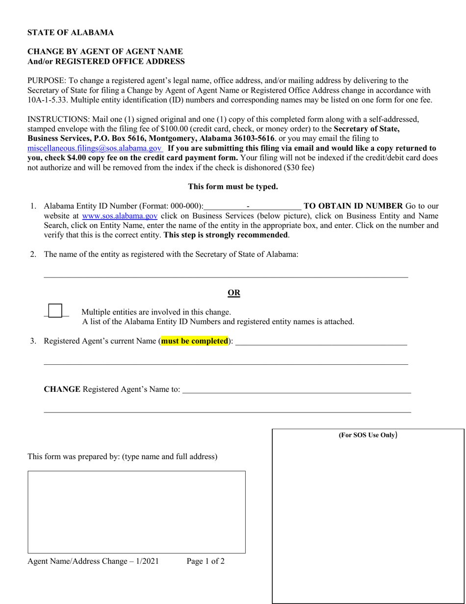 Change by Agent of Agent Name and / or Registered Office Address - Alabama, Page 1