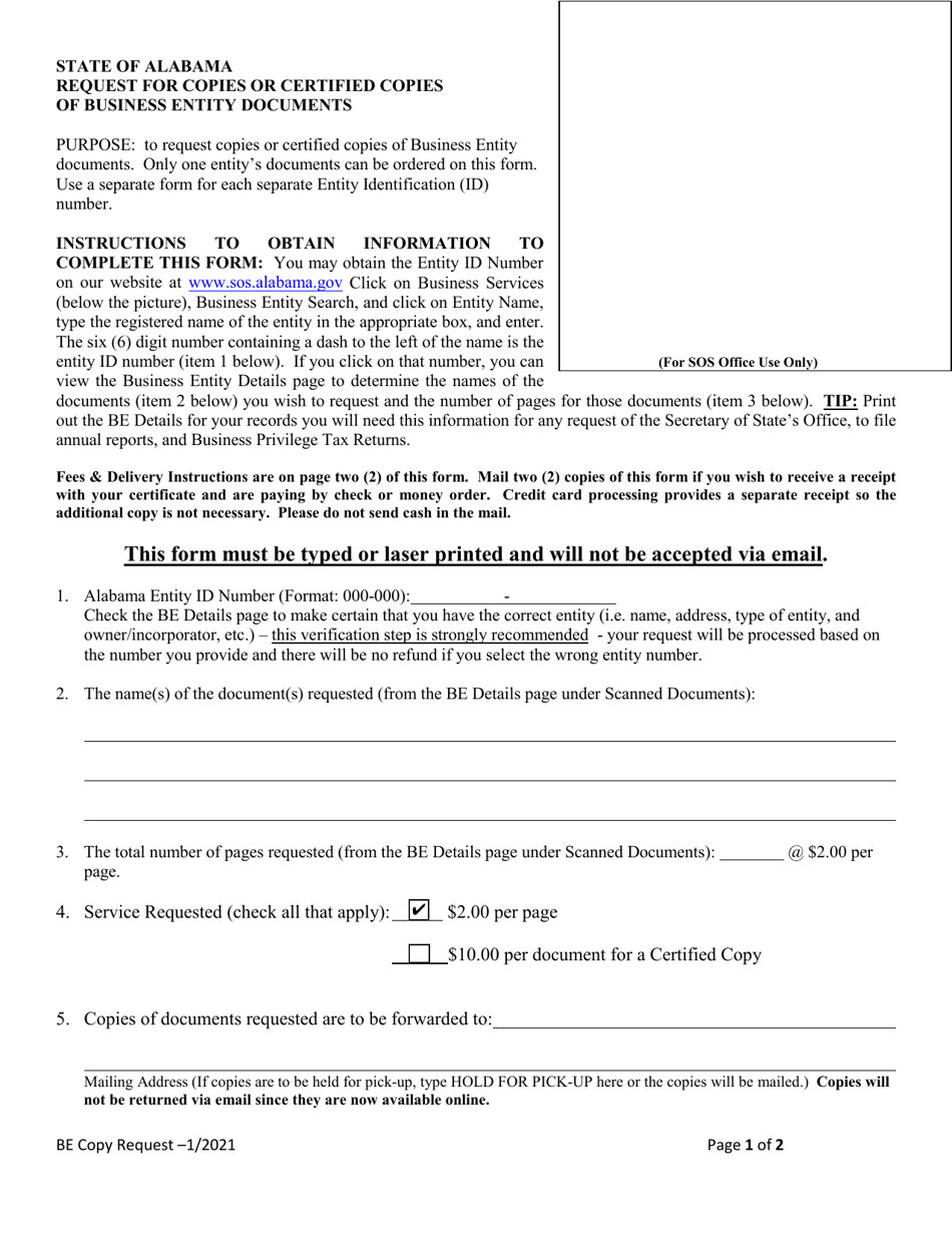 Request for Copies or Certified Copies of Business Entity Documents - Alabama, Page 1