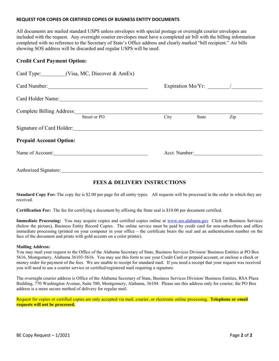 Request for Copies or Certified Copies of Business Entity Documents - Alabama, Page 2