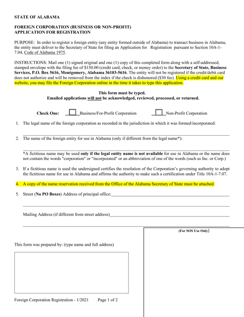 Foreign Corporation (Business or Non-profit) Application for Registration - Alabama Download Pdf