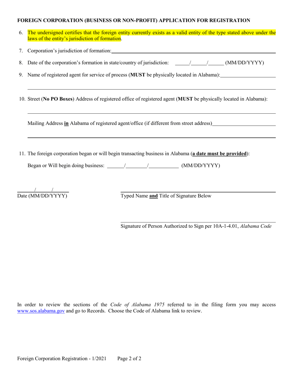 Foreign Corporation (Business or Non-profit) Application for Registration - Alabama, Page 2