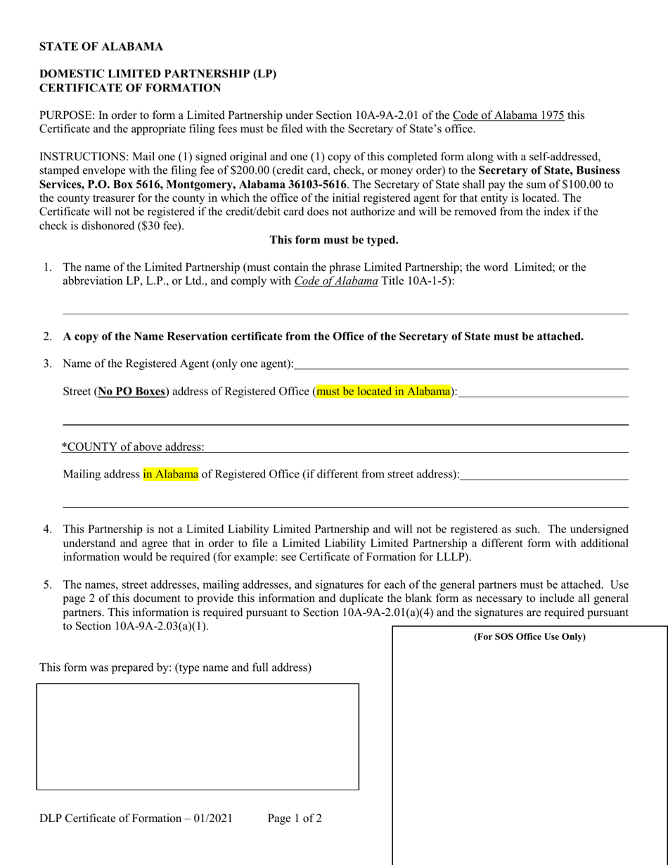 Domestic Limited Partnership (Lp) Certificate of Formation - Alabama, Page 1
