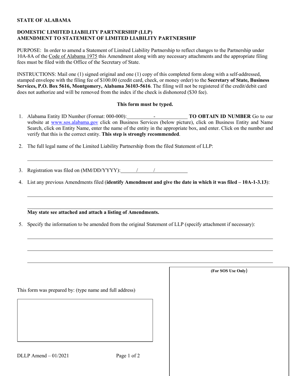 Domestic Limited Liability Partnership (LLP ) Amendment to Statement of Limited Liability Partnership - Alabama, Page 1