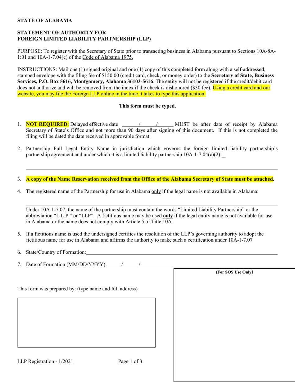 Statement of Authority for Foreign Limited Liability Partnership (LLP ) - Alabama, Page 1
