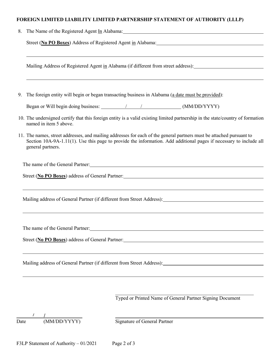 Foreign Limited Liability Limited Partnership Statement of Authority (Lllp) - Alabama, Page 2