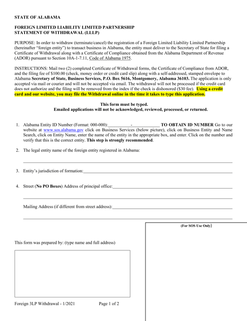 Foreign Limited Liability Limited Partnership Statement of Withdrawal (Lllp) - Alabama Download Pdf