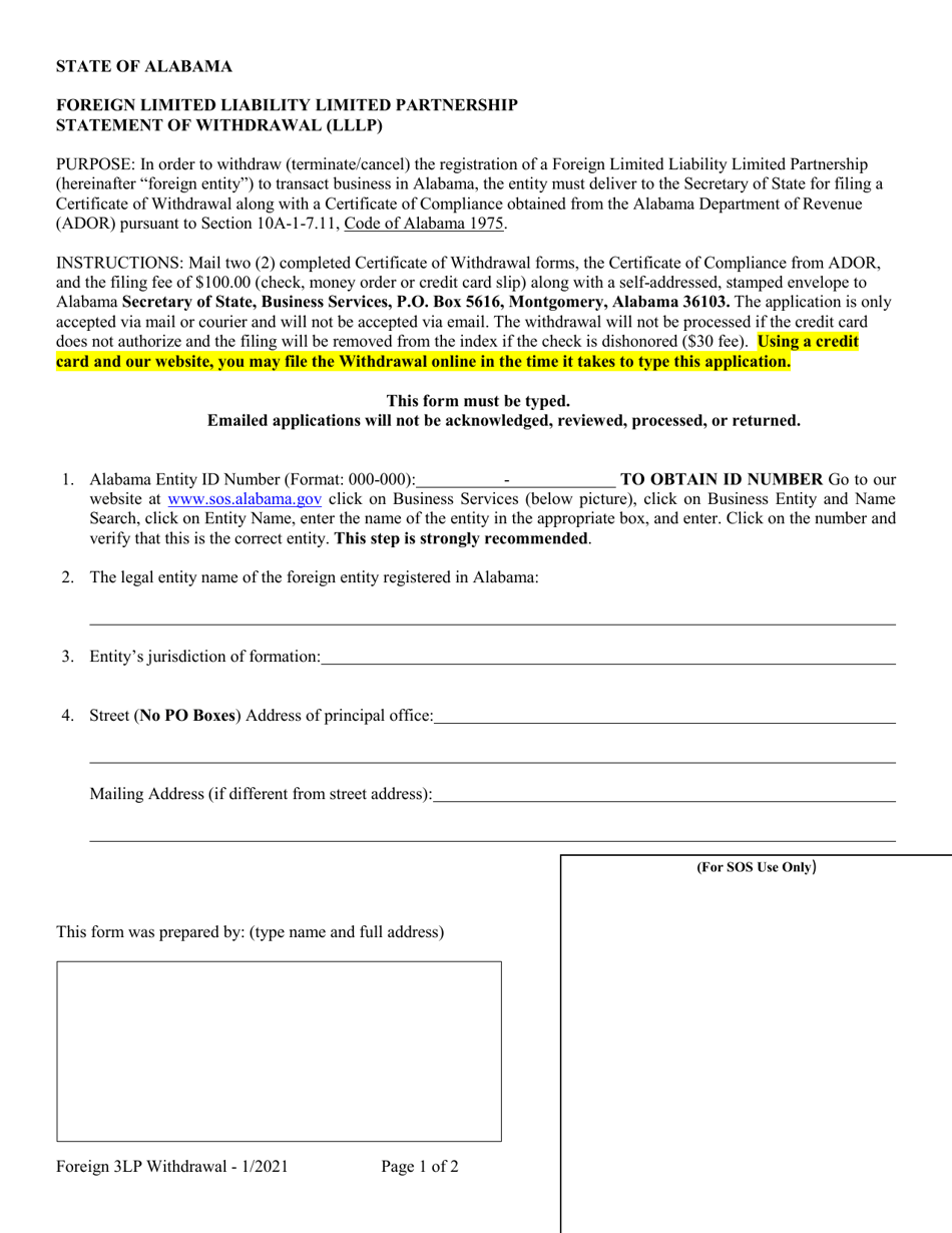 Foreign Limited Liability Limited Partnership Statement of Withdrawal (Lllp) - Alabama, Page 1