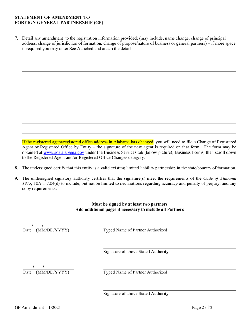 Statement of Amendment to Foreign General Partnership (Gp) - Alabama, Page 2