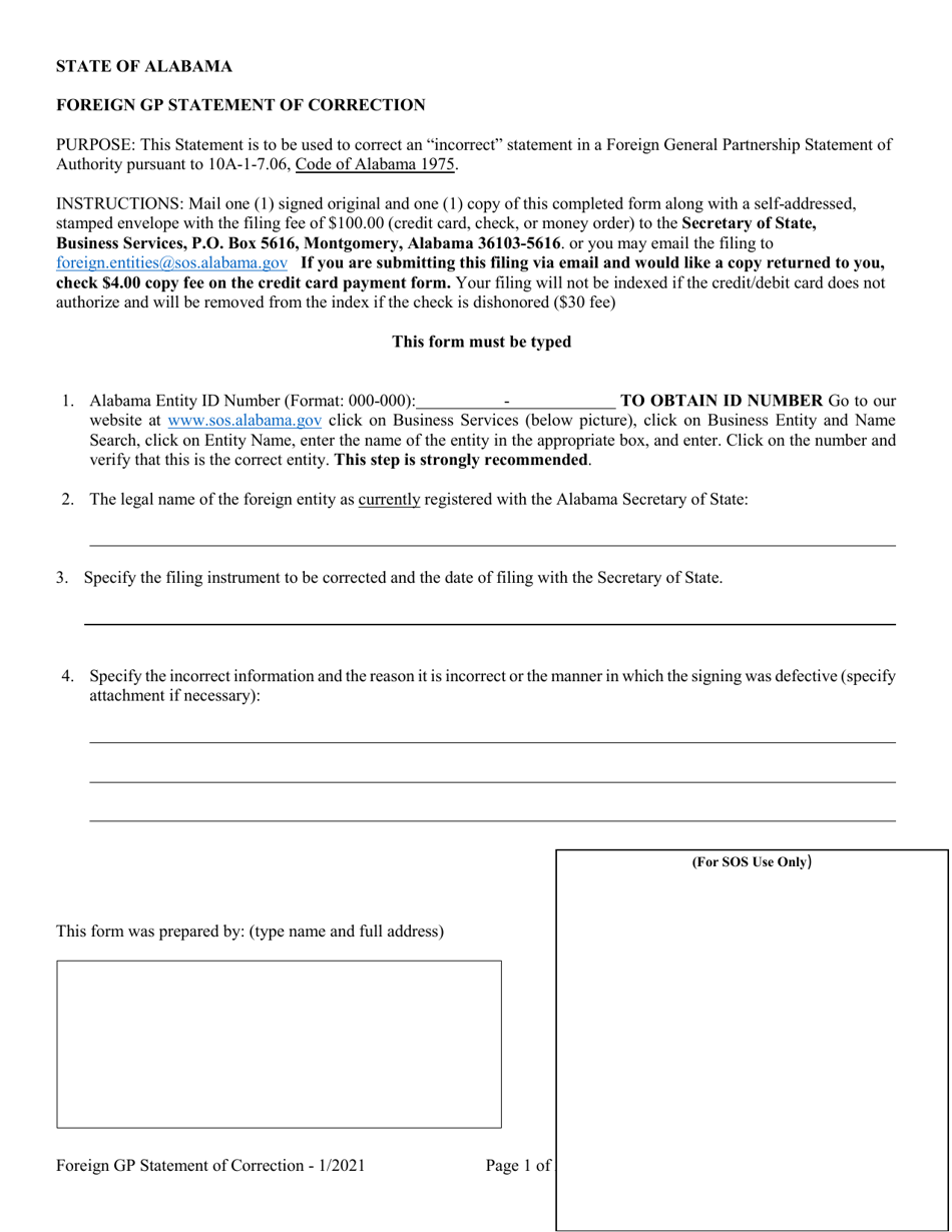 Foreign Gp Statement of Correction - Alabama, Page 1