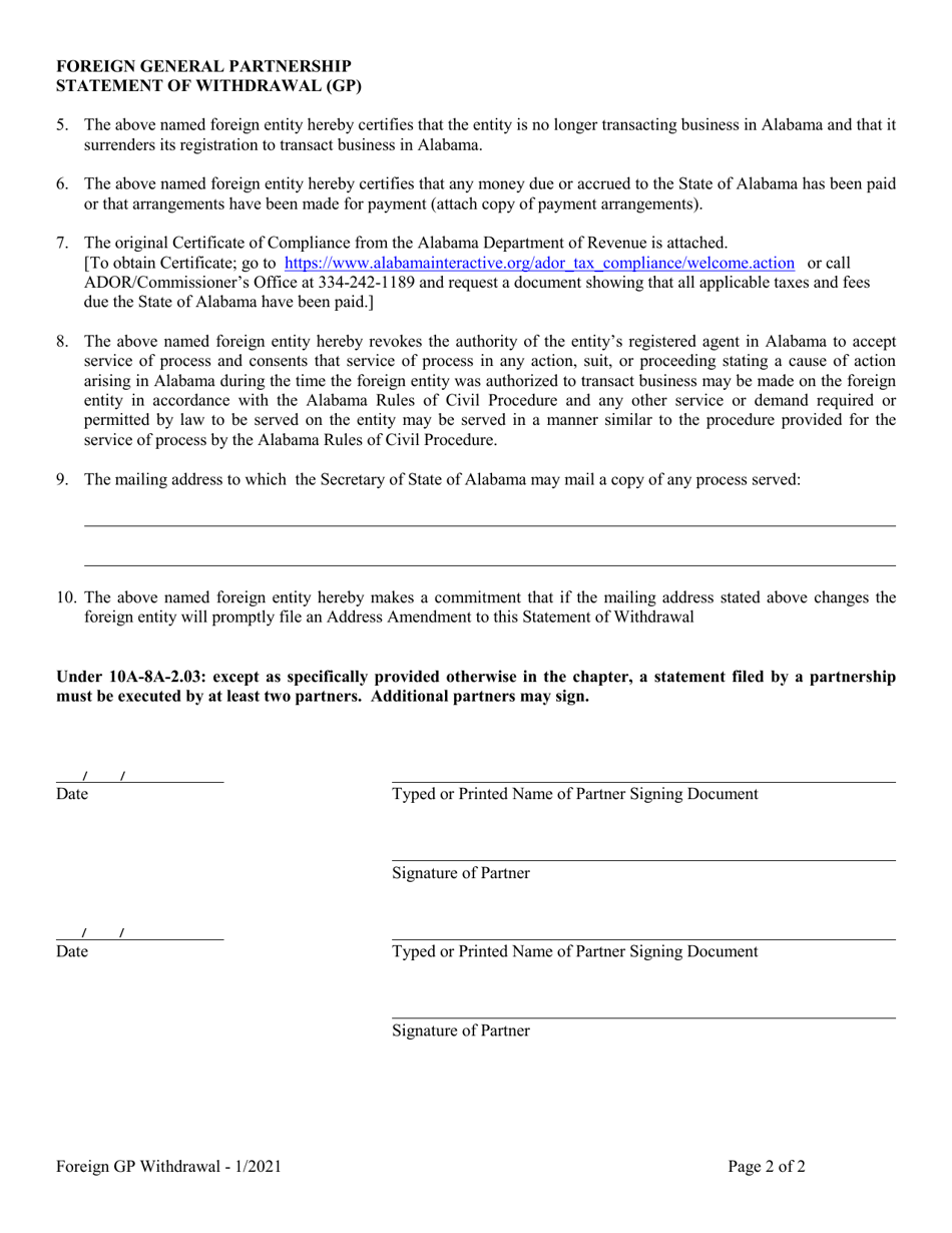 Foreign General Partnership Statement of Withdrawal (Gp) - Alabama, Page 2