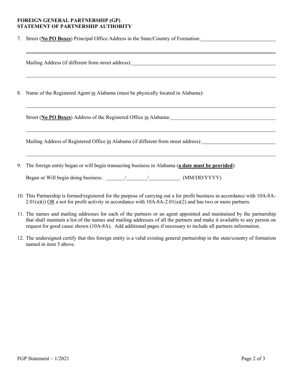 Foreign General Partnership (Gp) Statement of Partnership Authority - Alabama, Page 2