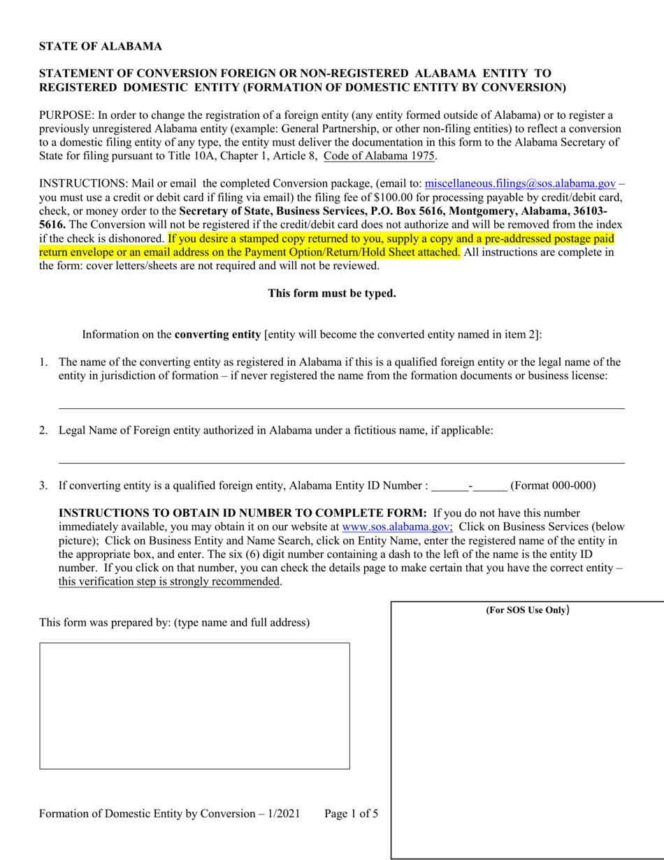 Statement of Conversion Foreign or Non-registered Alabama Entity to Registered Domestic Entity (Formation of Domestic Entity by Conversion) - Alabama, Page 1