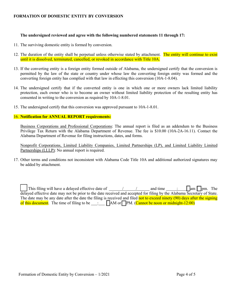 Statement of Conversion Foreign or Non-registered Alabama Entity to Registered Domestic Entity (Formation of Domestic Entity by Conversion) - Alabama, Page 4